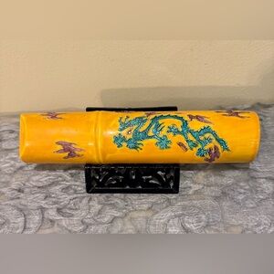 Bamboo w/ Raised Chinese Dragon & Cloud Pattern Design Cylindrical Porcelain Box